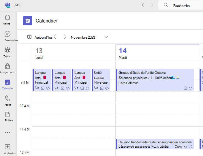 Capture d’écran du calendrier.