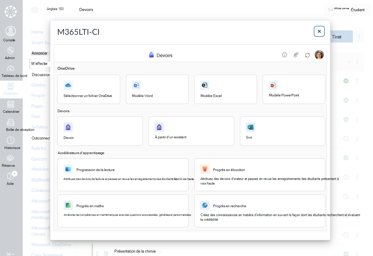 Choisissez une formation Microsoft à créer pour votre devoir ou module