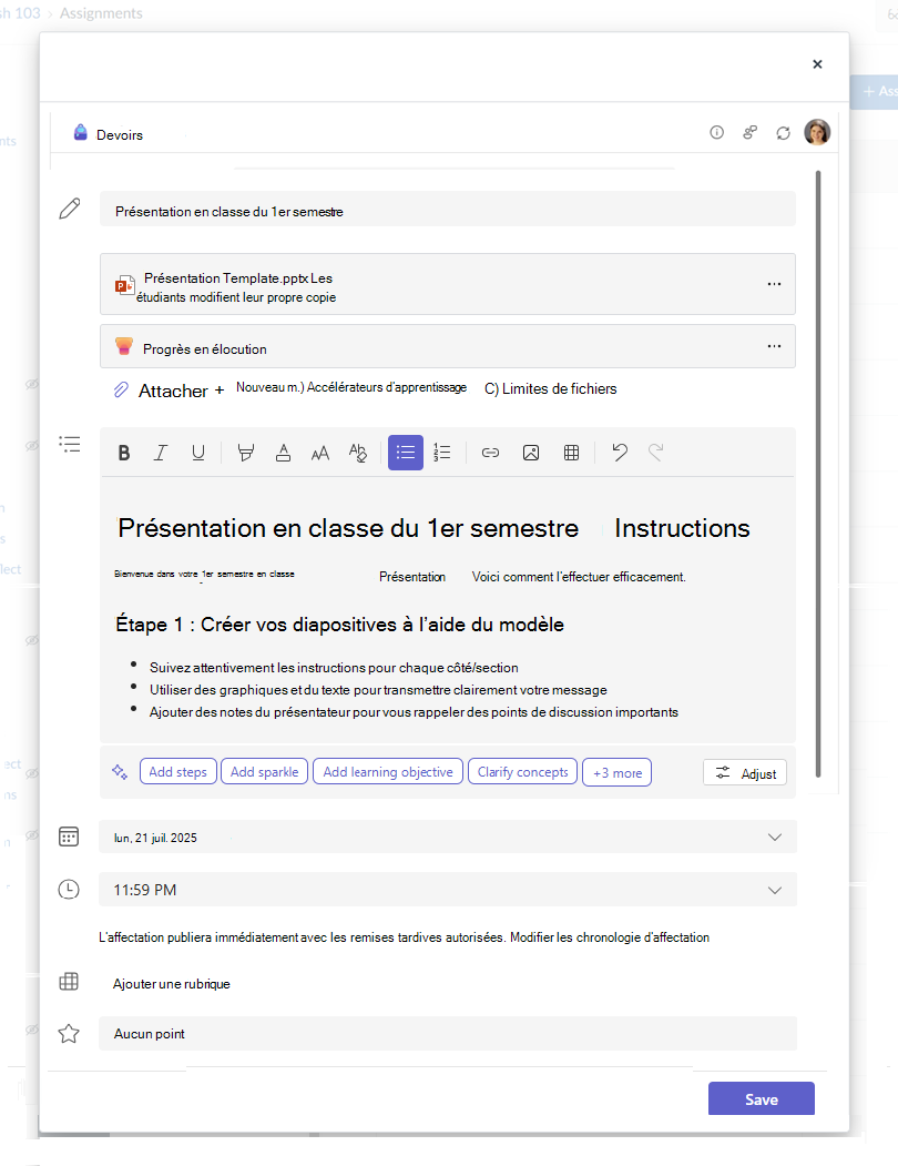 Boîte de dialogue Créer un devoir Microsoft avec du texte