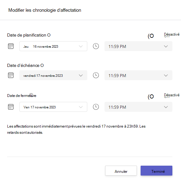Capture d’écran montrant la chronologie de modification des devoirs