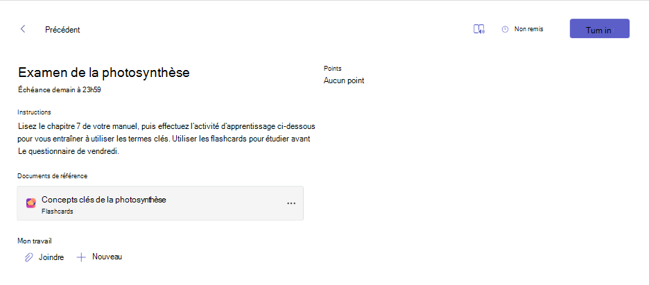 Capture d’écran d’une carte d’activité d’apprentissage affichée dans un devoir.