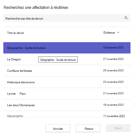 Capture d’écran de la recherche d’un devoir à réutiliser.
