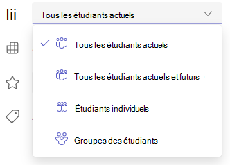 Capture d’écran des options des étudiants et des groupes.