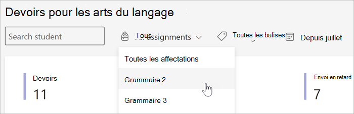 capture d’écran des filtres disponibles dans la vue Devoirs et notes d’Insights. vous pouvez effectuer une recherche par étudiant, par devoirs par balise ou par date.