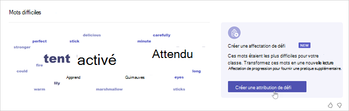 Capture d’écran montrant un nuage de mots indiquant les mots les plus mal lus par les étudiants. Plus le mot est grand, plus le nombre d’étudiants a fait une erreur. une souris pointe sur le mot visible, et une fenêtre contextuelle indique que le mot a été manqué 52 fois.