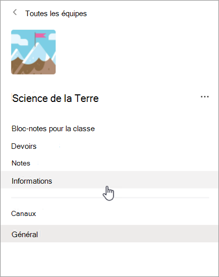 Capture d'écran de la navigation dans Teams