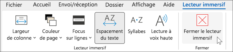 Outil lecteur immersif dans Outlook avec le curseur pointant sur fermer