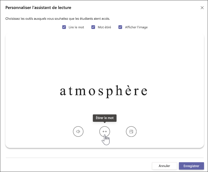 Panneau latéral de la création d’activités de Progrès en lecture, indiquant que l’Assistant de lecture a défini la valeur par défaut sur