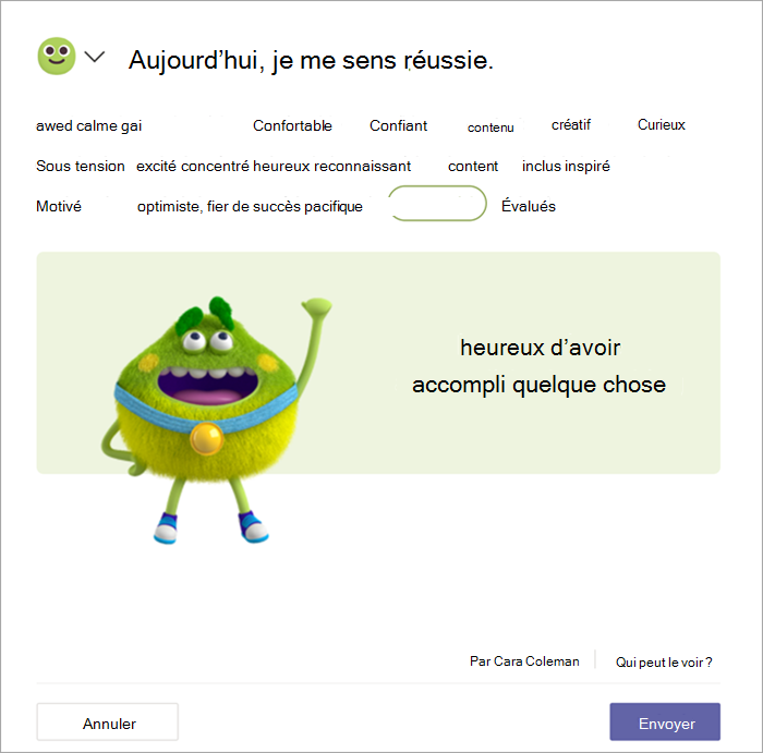 Un monstre aux sentiments verts portant une médaille d’or lève le poing en l’air. L’étudiant a sélectionné le mot Réussi