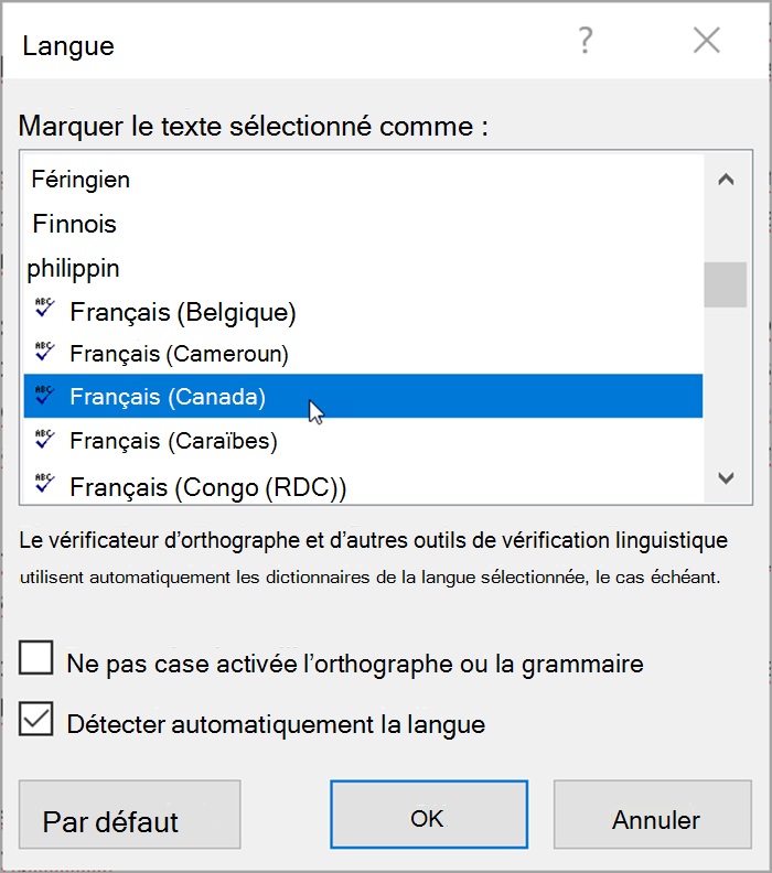 Capture d’écran de Word. La fenêtre contextuelle répertorie les langues qui peuvent être sélectionnées. L’option Détecter la langue automatiquement est cochée.