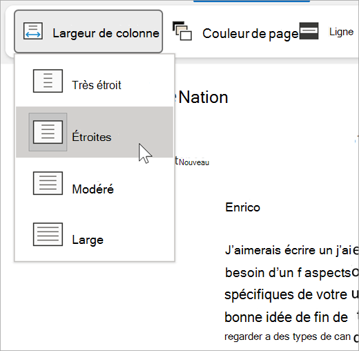 capture d’écran de la liste déroulante de la largeur de la colonne pour le lecteur immersif, les options sont : très étroite, étroite, modérée, large