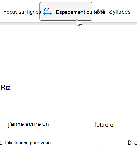 Capture d’écran de l’option d’espacement de texte du lecteur immersif, il existe une distance plus grande entre les lettres et entre les mots