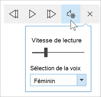 capture d’écran de la barre d’outils Options vocales du lecteur immersif. La souris pointe sur les paramètres pour révéler un bouton de bascule pour la vitesse de lecture et la liste déroulante pour la sélection vocale