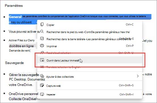 Entrez dans le Lecteur immersif via le menu contextuel.