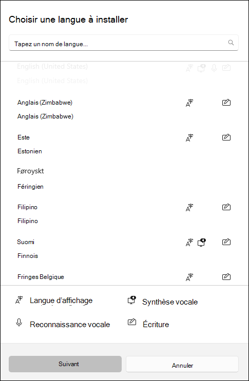 Capture d’écran des modules linguistiques disponibles en téléchargement dans les paramètres de Windows 10.
