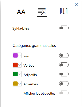 Menu Options de grammaire dans Lecteur immersif