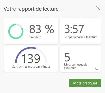 capture d’écran des données d’une session de lecture de Coach, précision, temps consacré à la lecture, mots corrects par minute et nombre de mots à mettre en pratique.
