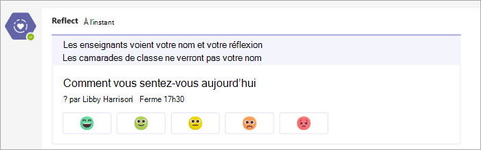 case activée tel qu’il apparaît dans le canal des équipes de classe. 5 boutons emoji allant de très confortable à très inconfortable sous la question case activée comment allez-vous aujourd’hui ?