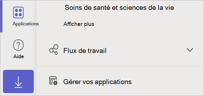 Capture d’écran de Teams montrant le bouton Applications, qui affiche le bouton Gérer vos applications.