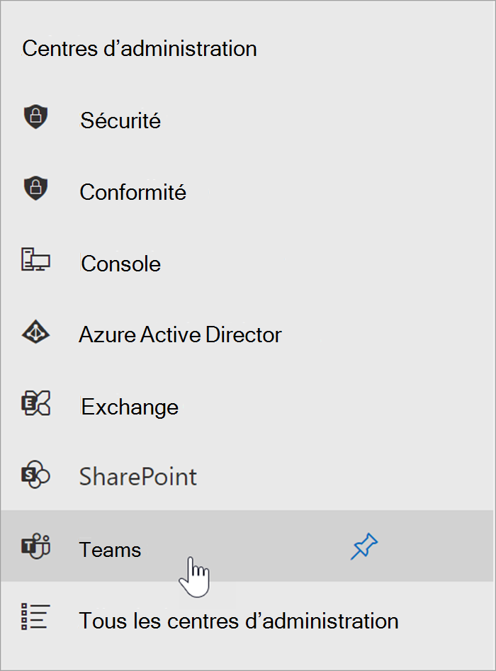 Capture d’écran du centre d’administration Microsoft 365 avec le curseur pointant sur le point d’entrée du centre d’administration Teams.