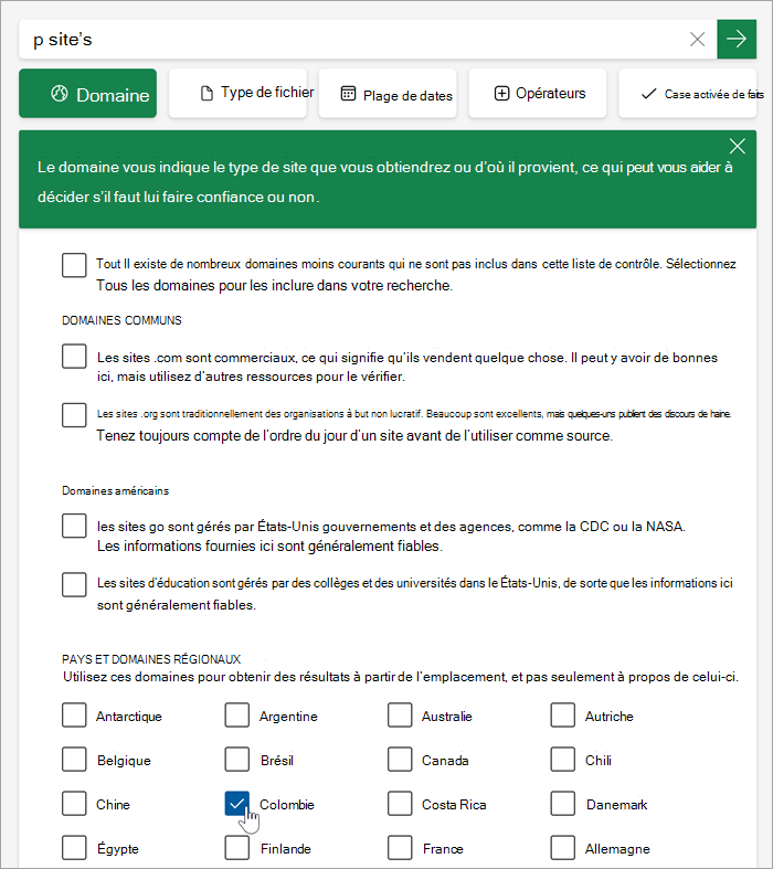 Capture d’écran de la liste des domaines nationaux et régionaux après avoir cliqué sur Plus.