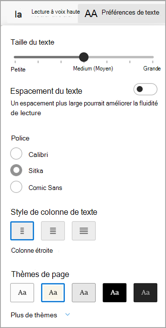 Préférences de texte dans le Lecteur immersif pour Microsoft Edge.