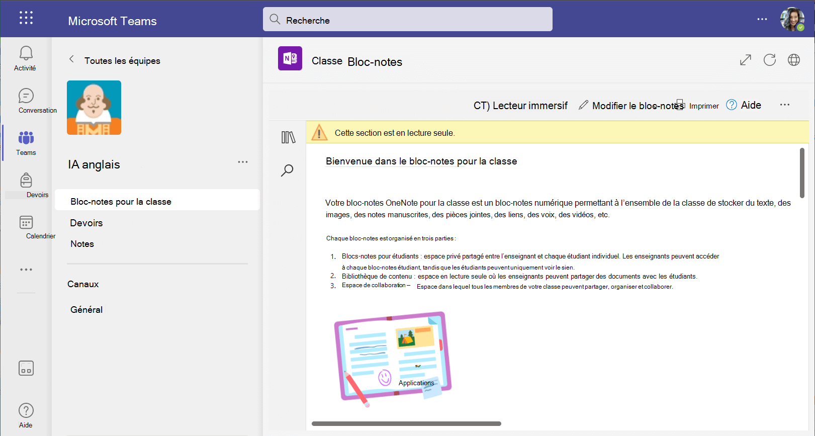 Capture d’écran du bloc-notes pour la classe dans la version web de Teams.