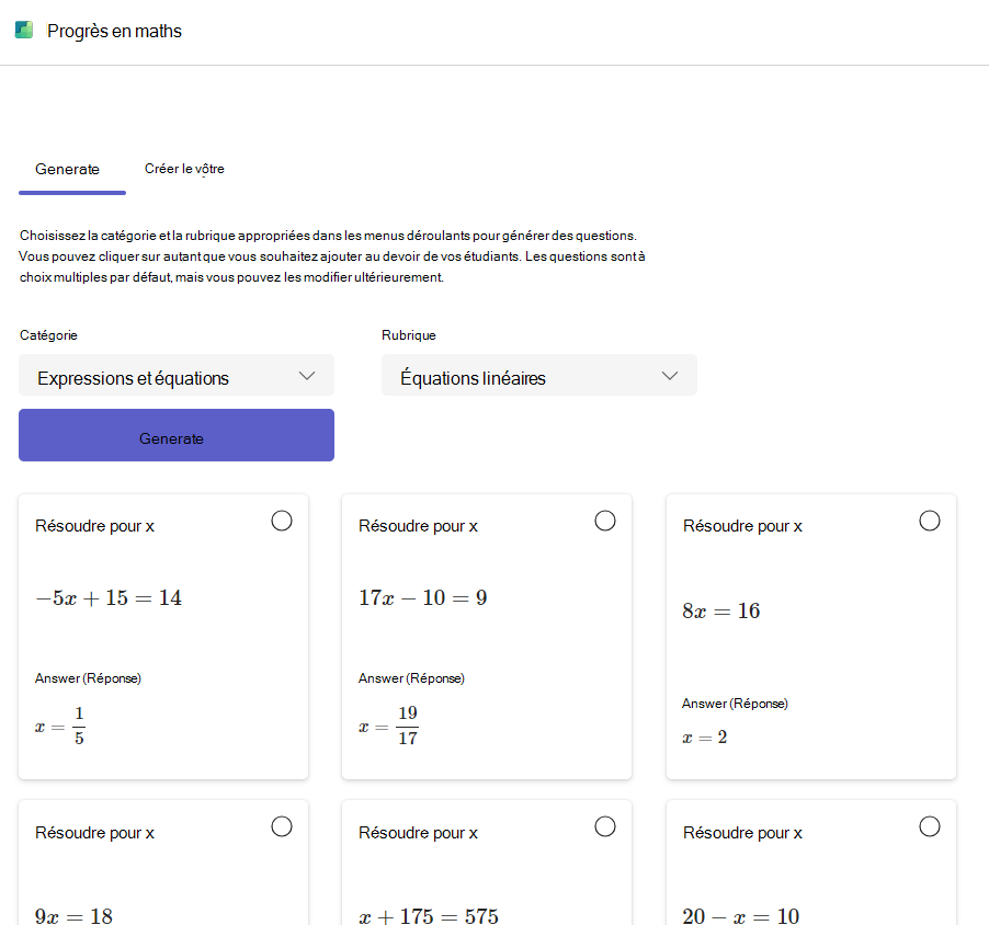 Capture d’écran de la progression des mathématiques.