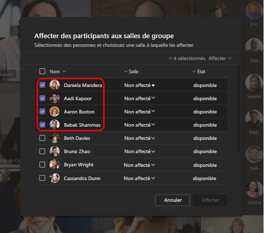 Image montrant comment affecter des personnes à des salles en petits groupes