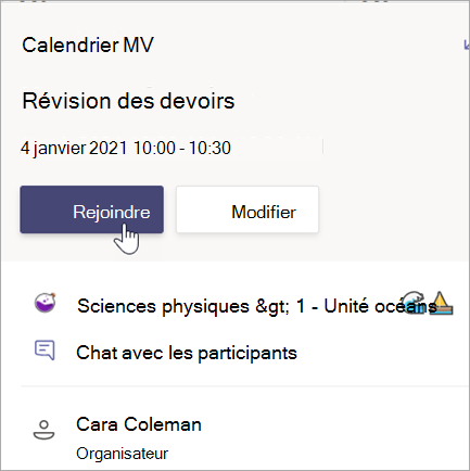 Capture d’écran montrant la carte de réunion de révision des devoirs avec le bouton Participer.