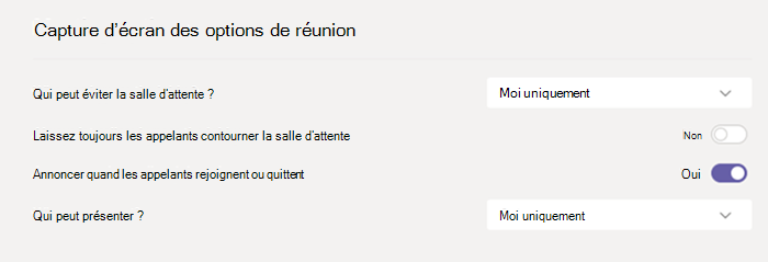 Options des réunions dans Teams.