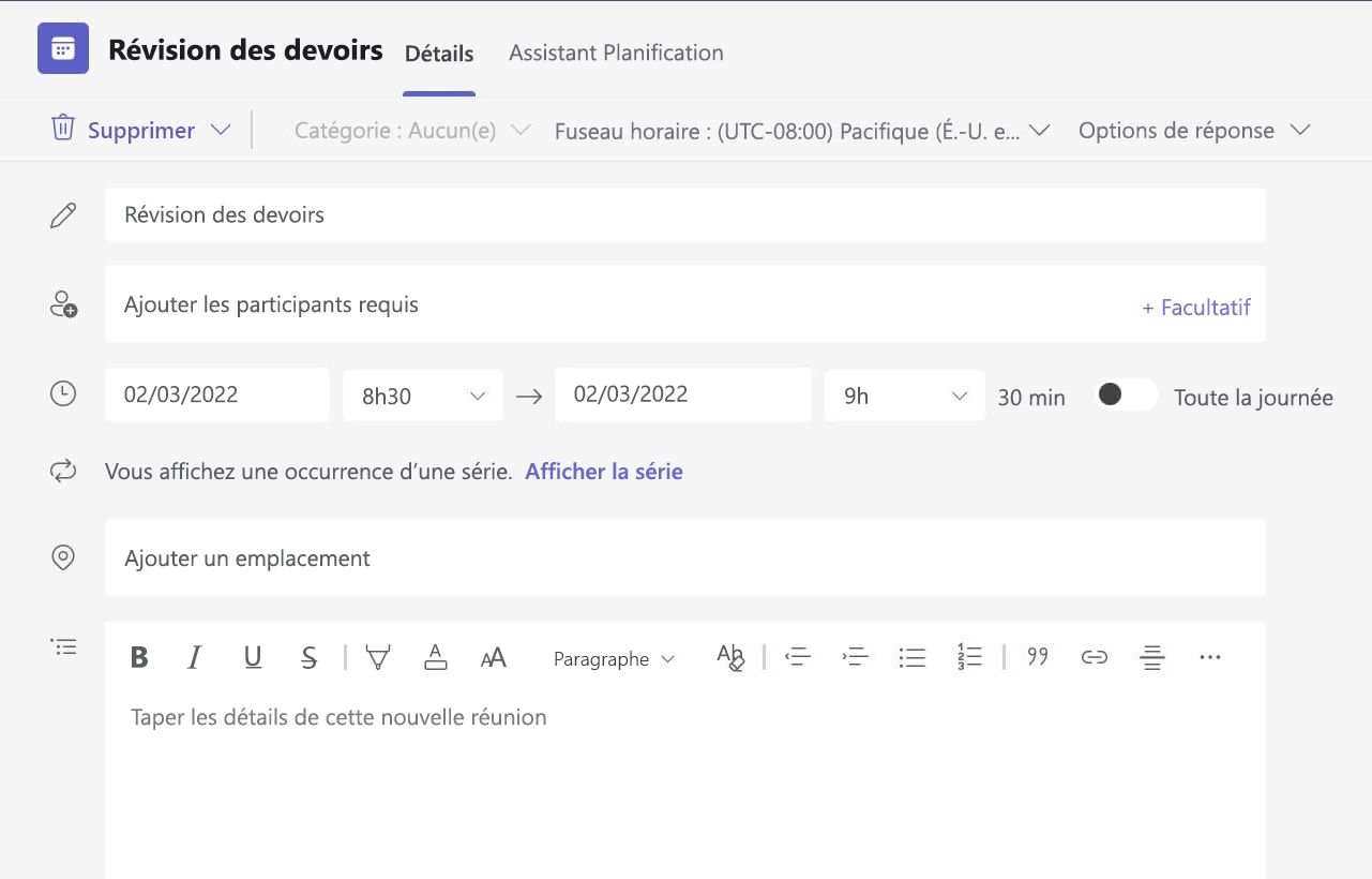 Capture d’écran de l’absence de détails de la réunion dans la version Web de Teams.
