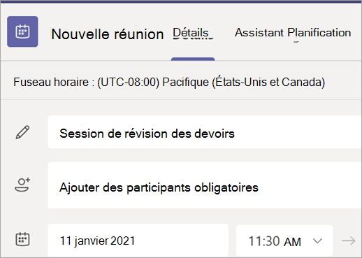 Capture d’écran montrant le nouveau formulaire de réunion dans Teams avec les champs titre, participants, date et heure.