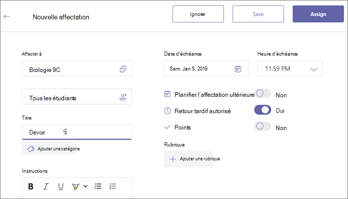 Renseignez les détails du devoir et cliquez sur le bouton Attribuer.