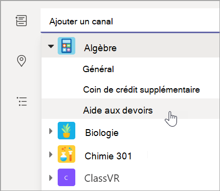 Capture d’écran montrant comment choisir le canal d’équipe de votre classe.