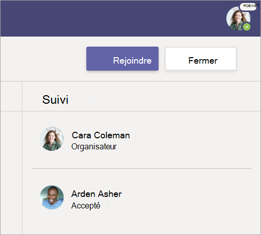 Capture d’écran montrant comment sélectionner Rejoindre pour rejoindre la réunion.