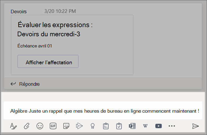 Capture d’écran montrant un billet tapé dans la zone de composition.