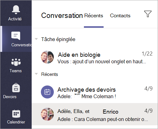 Capture d’écran montrant comment sélectionner le Chat dans la barre de l’application.
