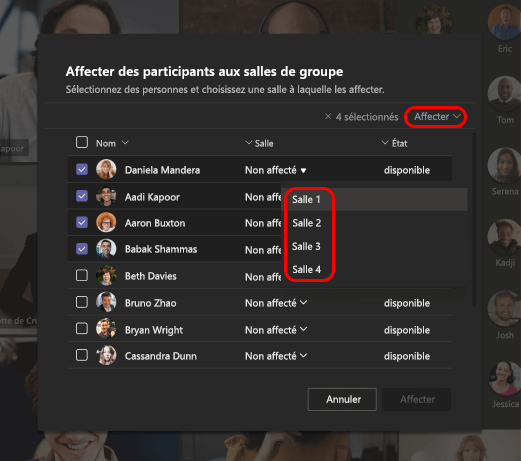 Image montrant comment sélectionner des salles de groupe pour les participants.