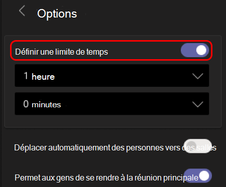 L’image montre comment définir une limite de temps pour les salles en petits groupes.