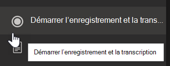 Capture d’écran montrant l’option Démarrer l’enregistrement et la transcription dans un menu de réunion Teams.