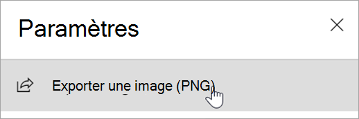 Capture d’écran montrant le panneau Paramètres avec l’option Exporter une image (PNG).