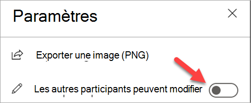 Capture d’écran montrant le panneau Paramètres avec le bouton bascule « Les autres participants peuvent modifier » désactivé.