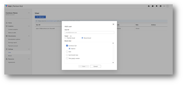 Ajouter un nouvel utilisateur et définir l’accès au compte MSN Partner Hub