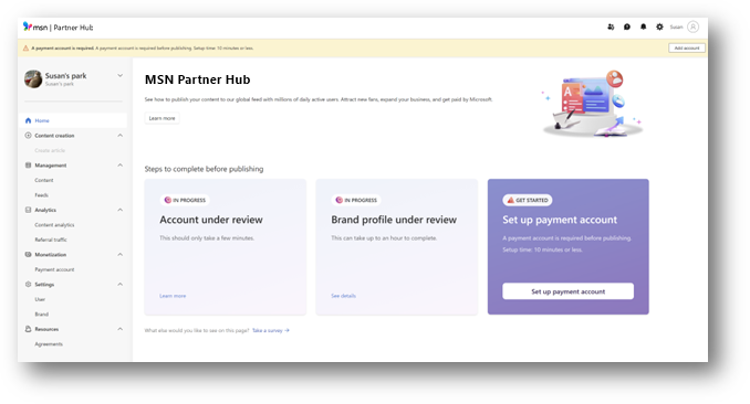Ajouter un nouveau compte de paiement au compte MSN Partner Hub