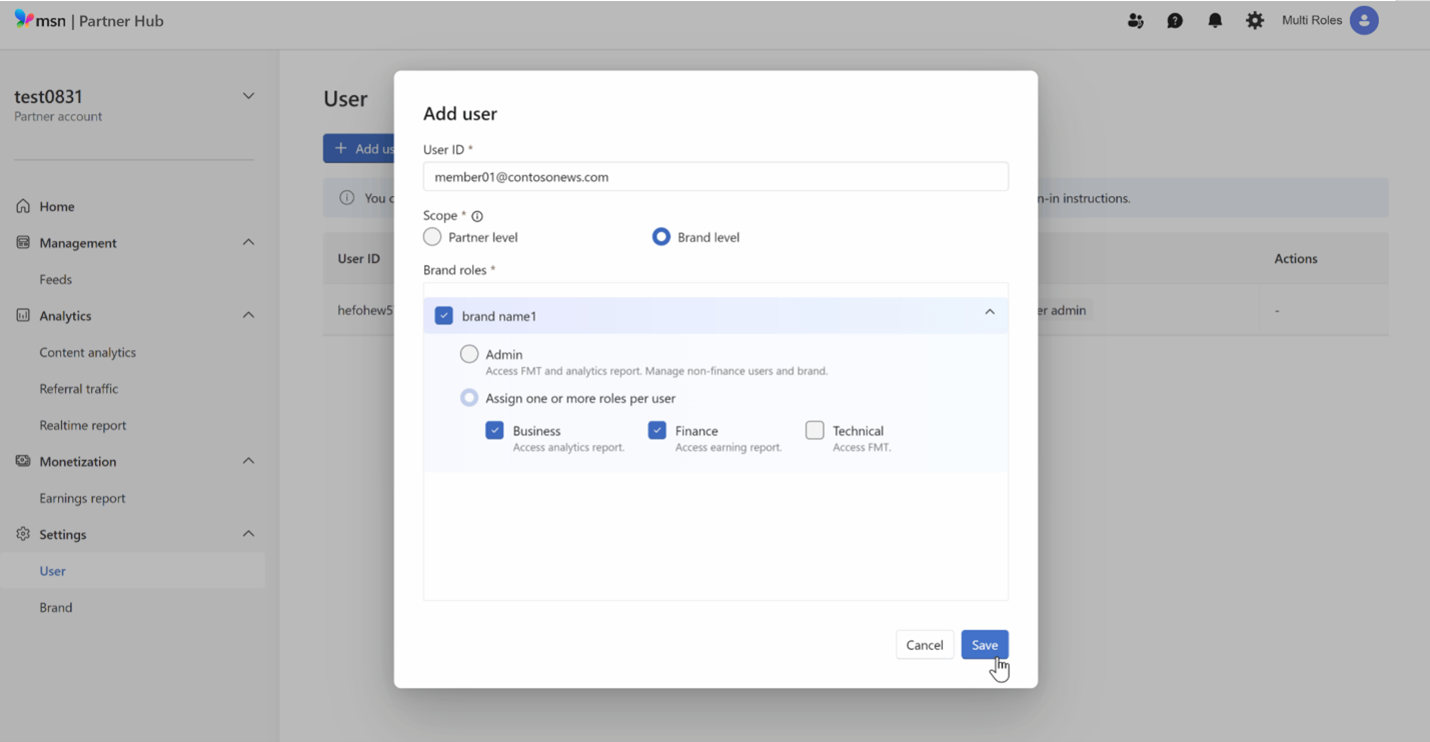 Ajouter un nouvel utilisateur MSN Hub avec des rôles d’utilisateur avancés