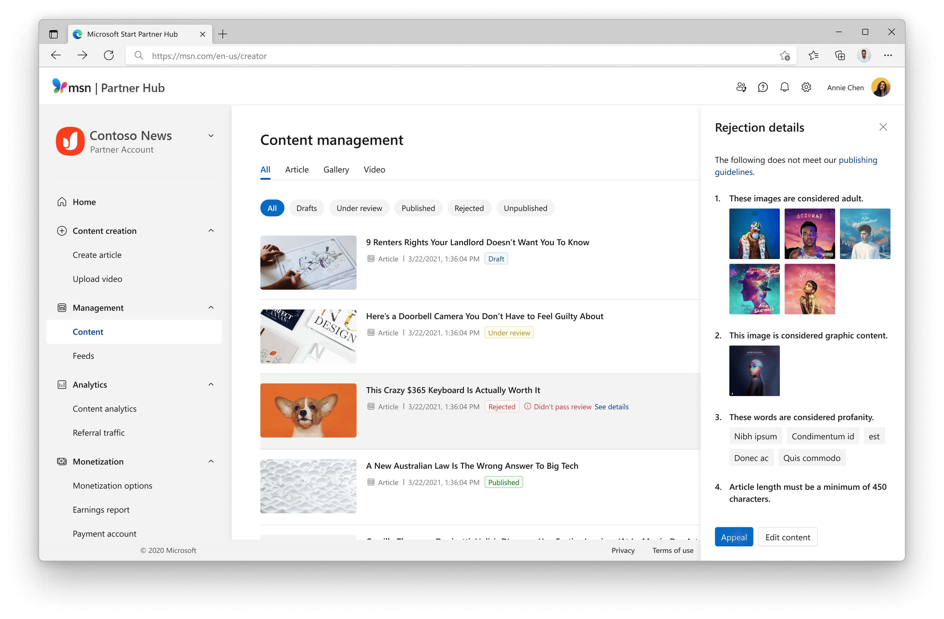 Vue du hub de gestion de contenu dans lequel vous pouvez afficher votre contenu et ses status de publication. Vous pouvez également faire appel du contenu rejeté ici