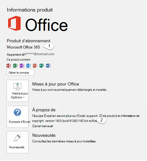 Page de compte qui comprend des informations concernant l'utilisateur et le produit
