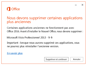 Message d’erreur invitant à supprimer des applications plus anciennes