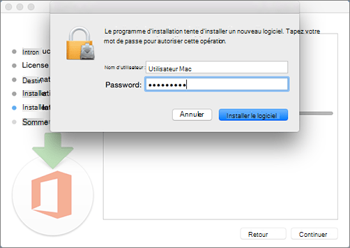 Entrez votre mot de passe d’administrateur pour commencer l’installation